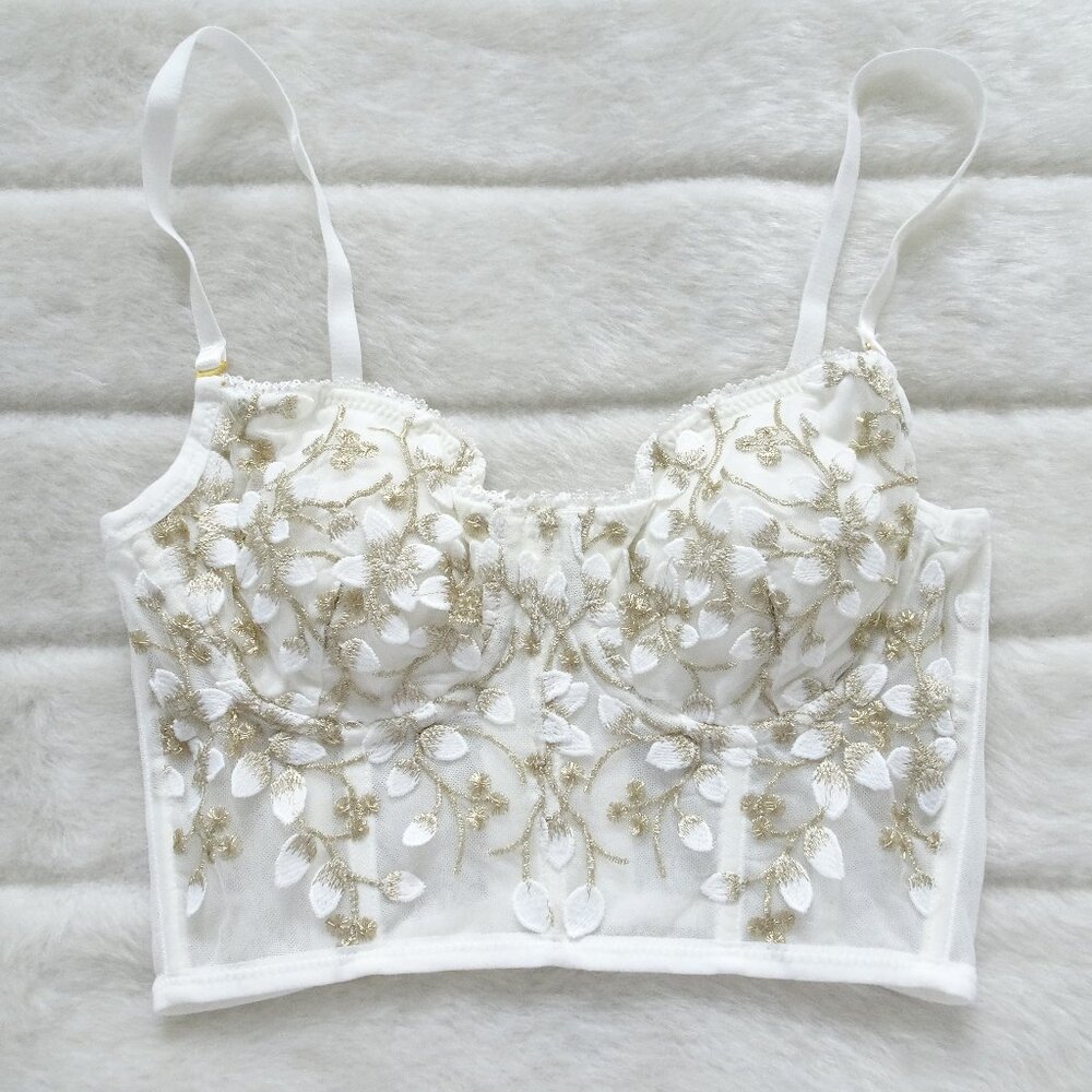 Elegant White and Gold Embroidered Bra